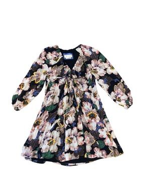 By Anthropologie Floral Viscose Balloon Sleeve Mini Dress Boho Navy XS
